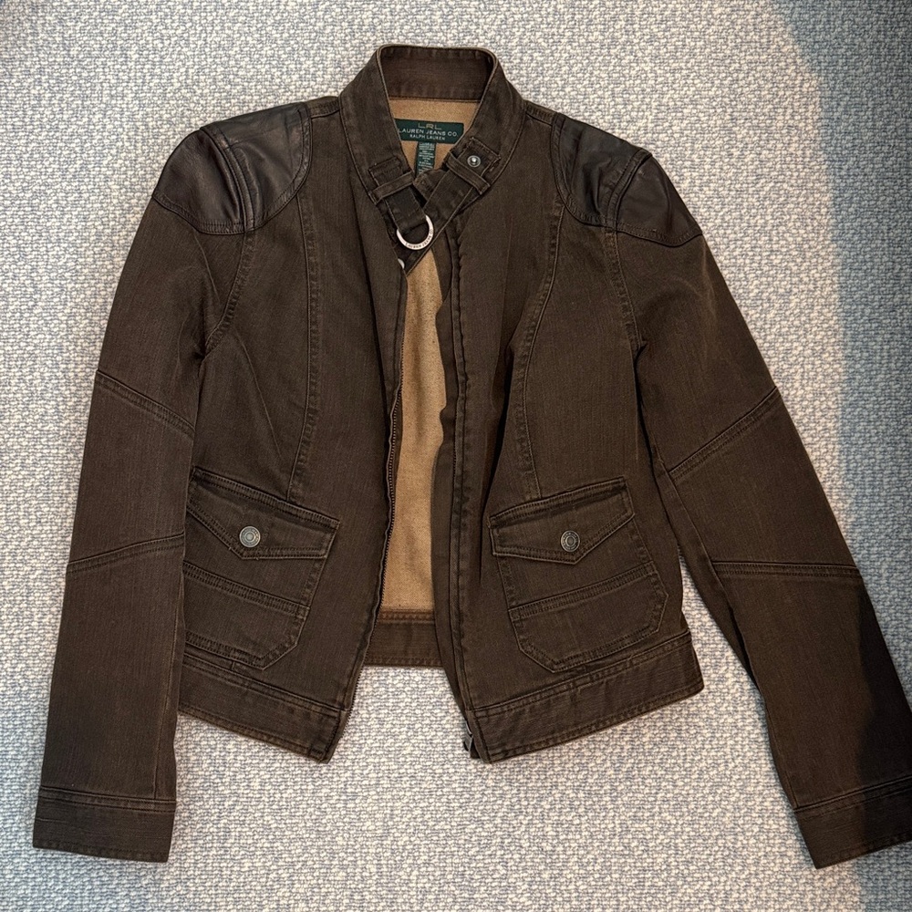 VINTAGE Ralph Lauren Military Style Denim Jacket with Leather Shoulders